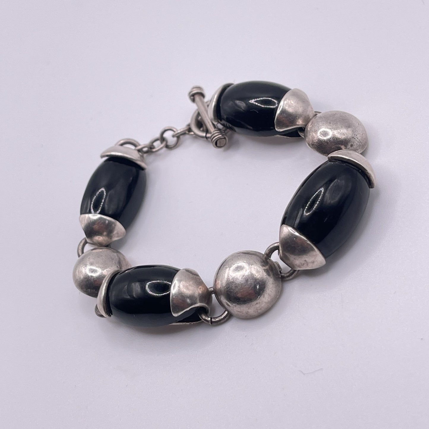 Chunky Sterling Silver 925 Black Onyx Bead Bracelet Toggle Clasp