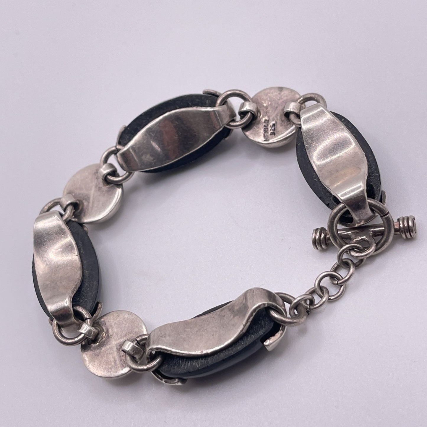 Chunky Sterling Silver 925 Black Onyx Bead Bracelet Toggle Clasp