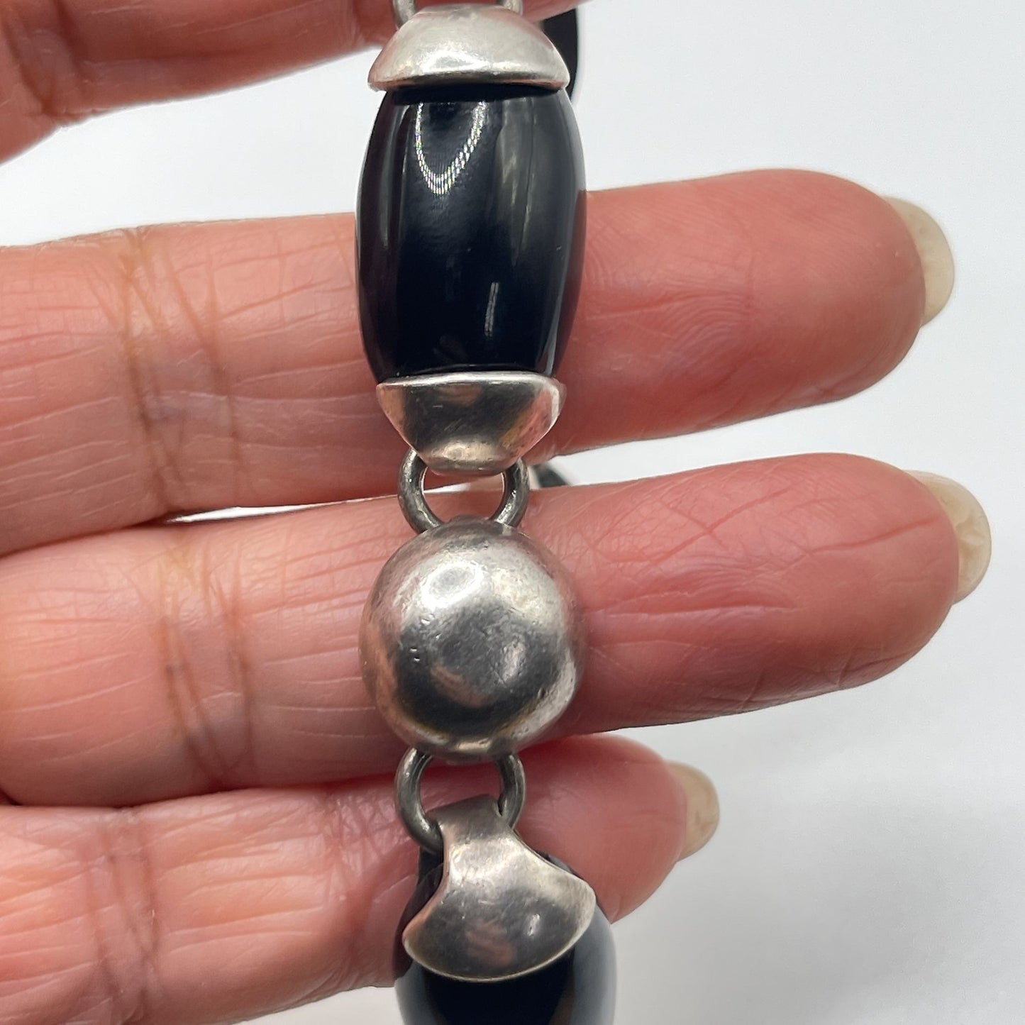 Chunky Sterling Silver 925 Black Onyx Bead Bracelet Toggle Clasp