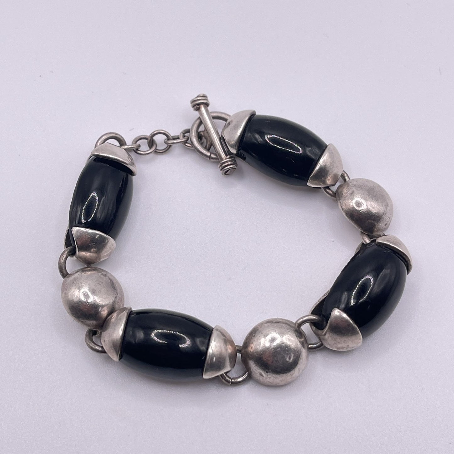 Chunky Sterling Silver 925 Black Onyx Bead Bracelet Toggle Clasp