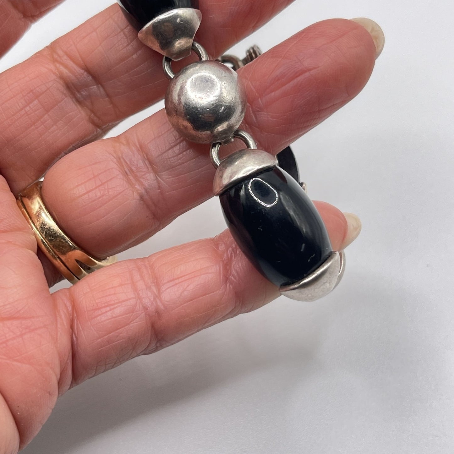 Chunky Sterling Silver 925 Black Onyx Bead Bracelet Toggle Clasp