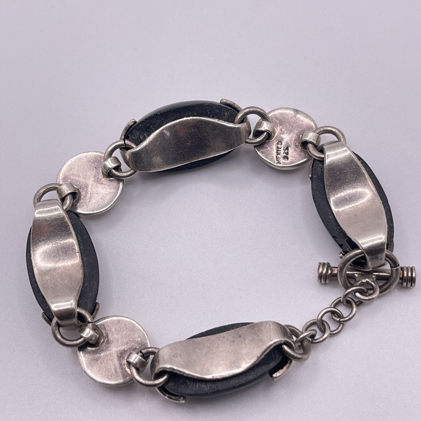 Chunky Sterling Silver 925 Black Onyx Bead Bracelet Toggle Clasp