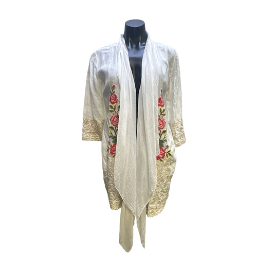 Johnny Was White Linen Open Front Cardigan w/Floral Embroidery