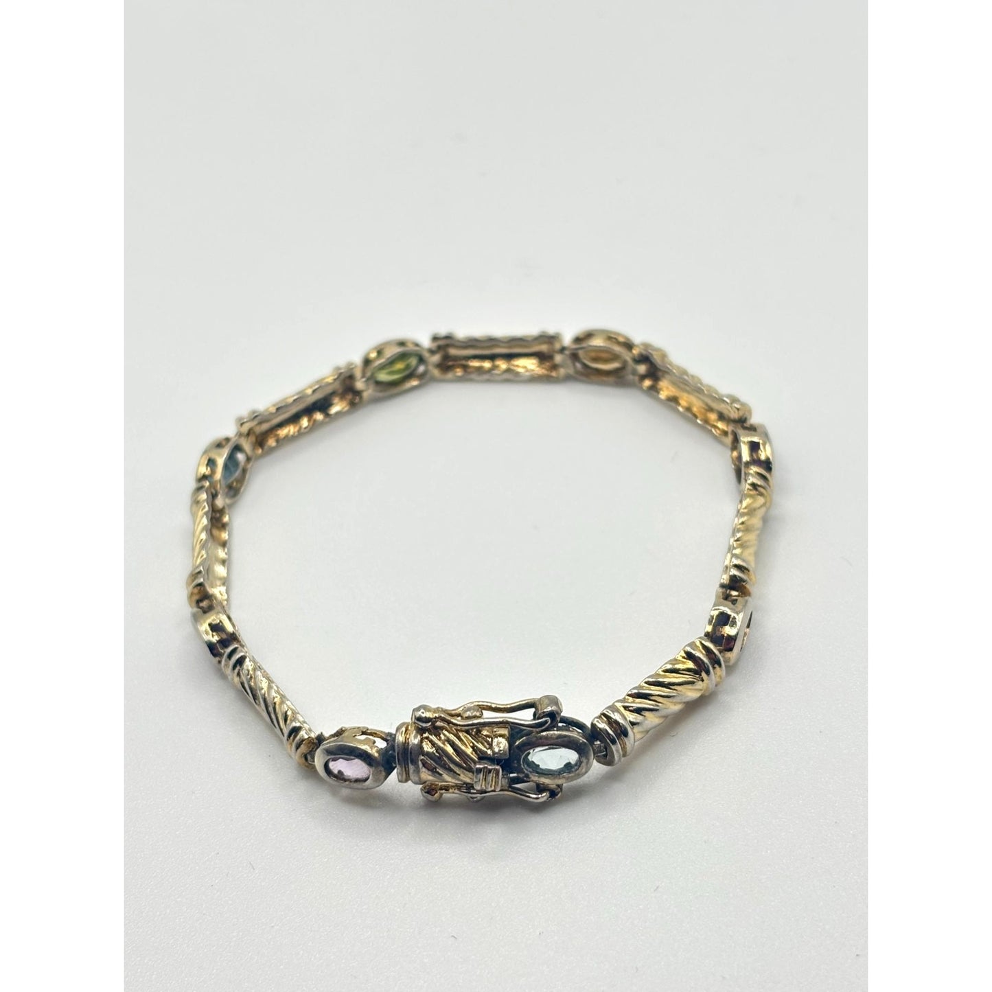 Estate TAS 925 Sterling Silver Multigem Bezel Bracelet 7" Long