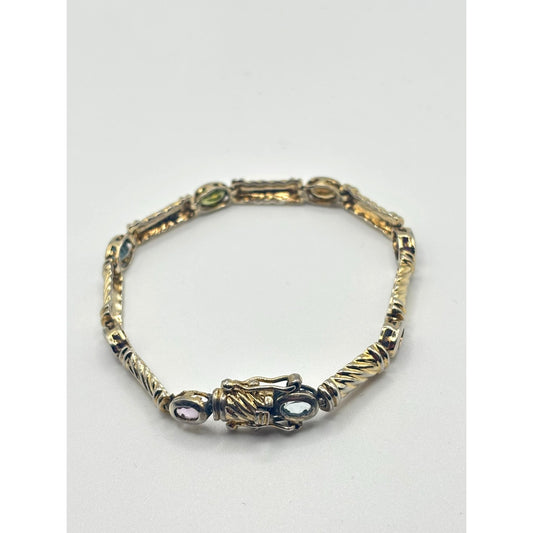 Estate TAS 925 Sterling Silver Multigem Bezel Bracelet 7" Long
