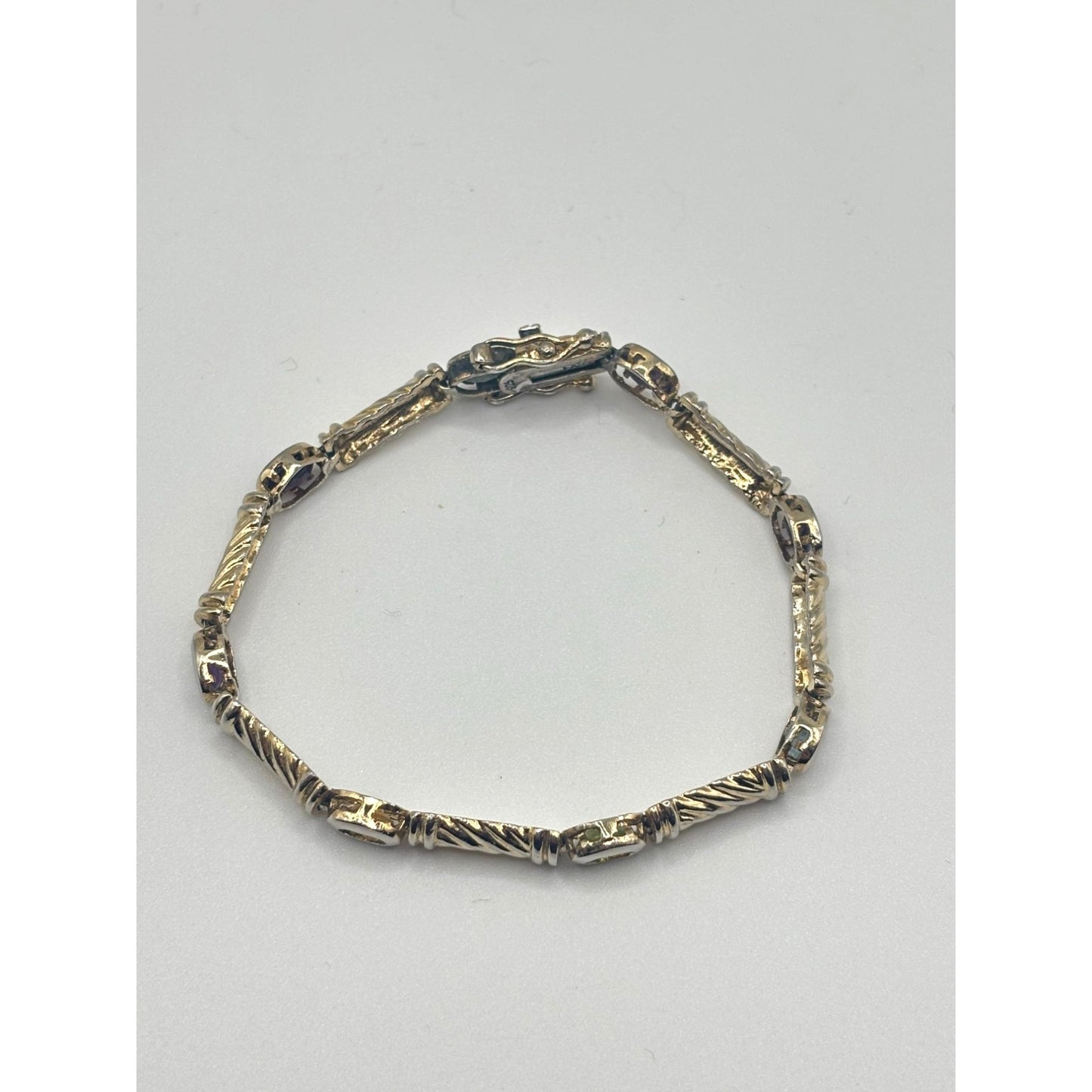 Estate TAS 925 Sterling Silver Multigem Bezel Bracelet 7" Long