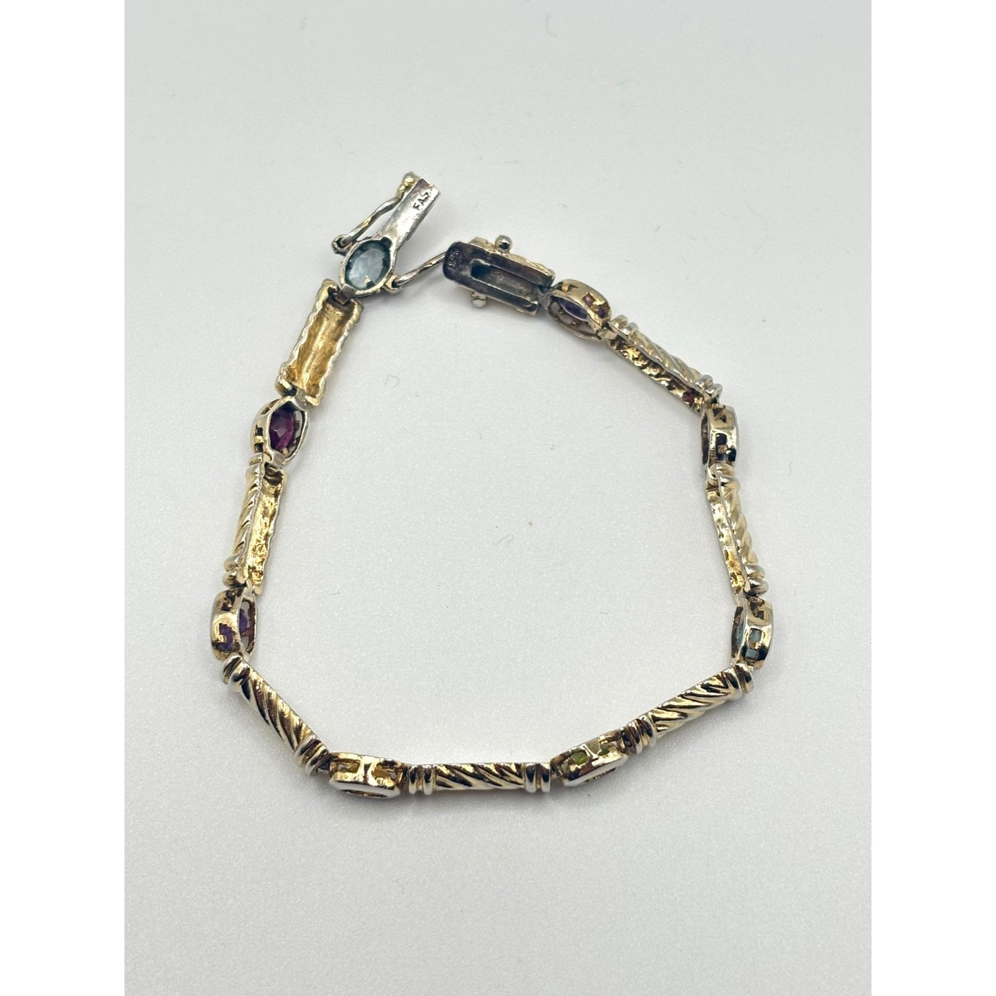 Estate TAS 925 Sterling Silver Multigem Bezel Bracelet 7" Long