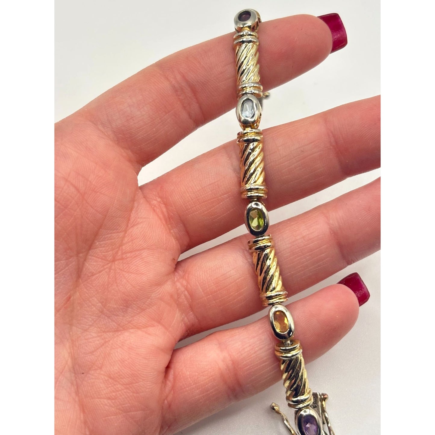 Estate TAS 925 Sterling Silver Multigem Bezel Bracelet 7" Long