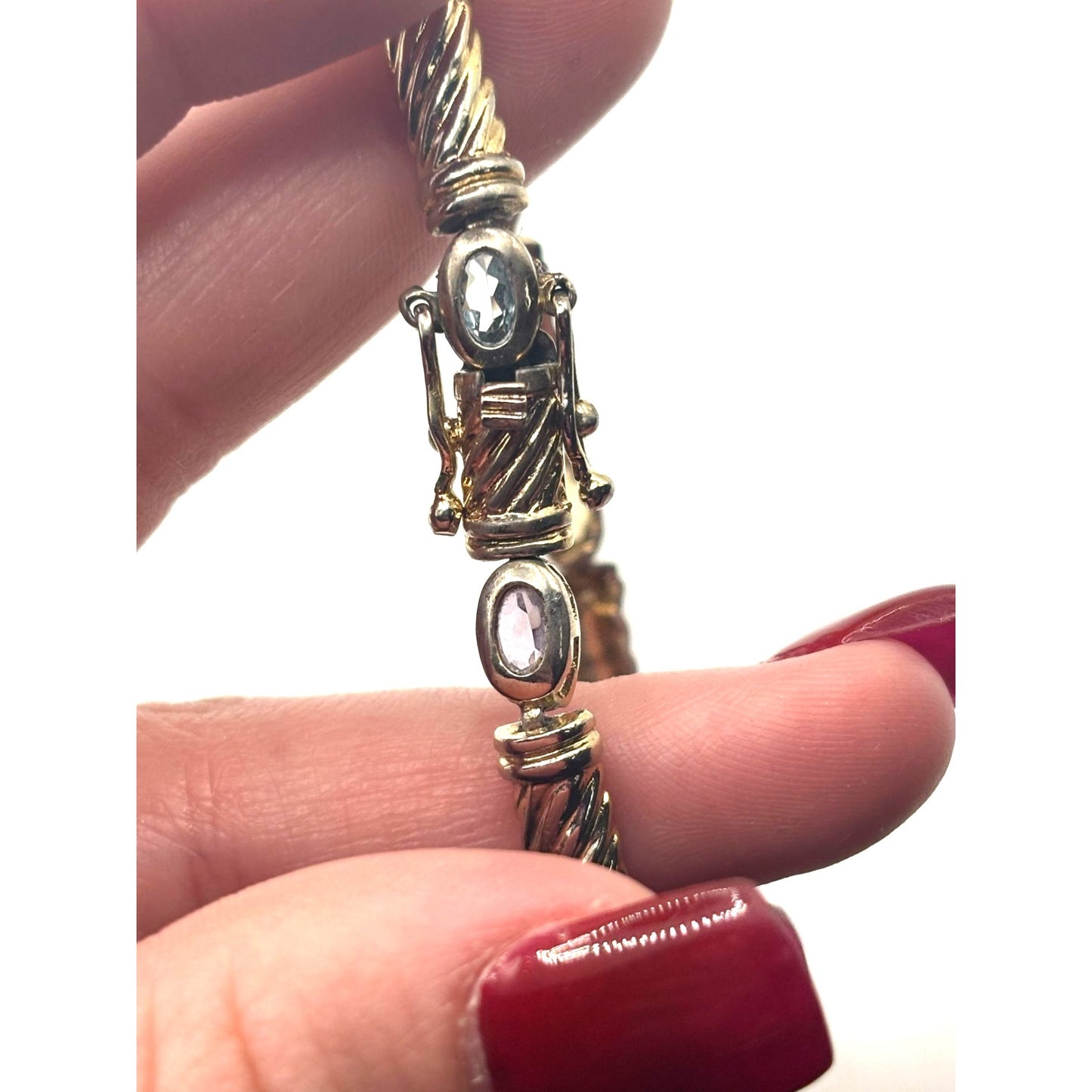 Estate TAS 925 Sterling Silver Multigem Bezel Bracelet 7" Long