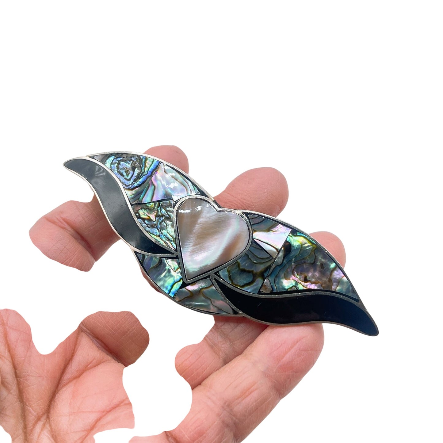 Vintage Abalone & Mother Of Pearl Heart Hair Barrette Clip Stealing Silver .925