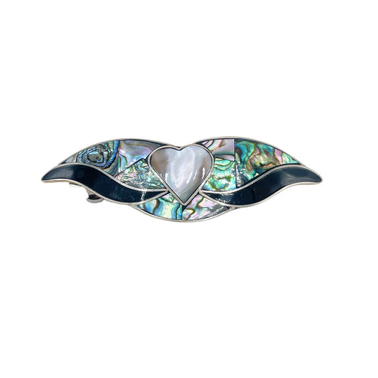 Vintage Abalone & Mother Of Pearl Heart Hair Barrette Clip Stealing Silver .925