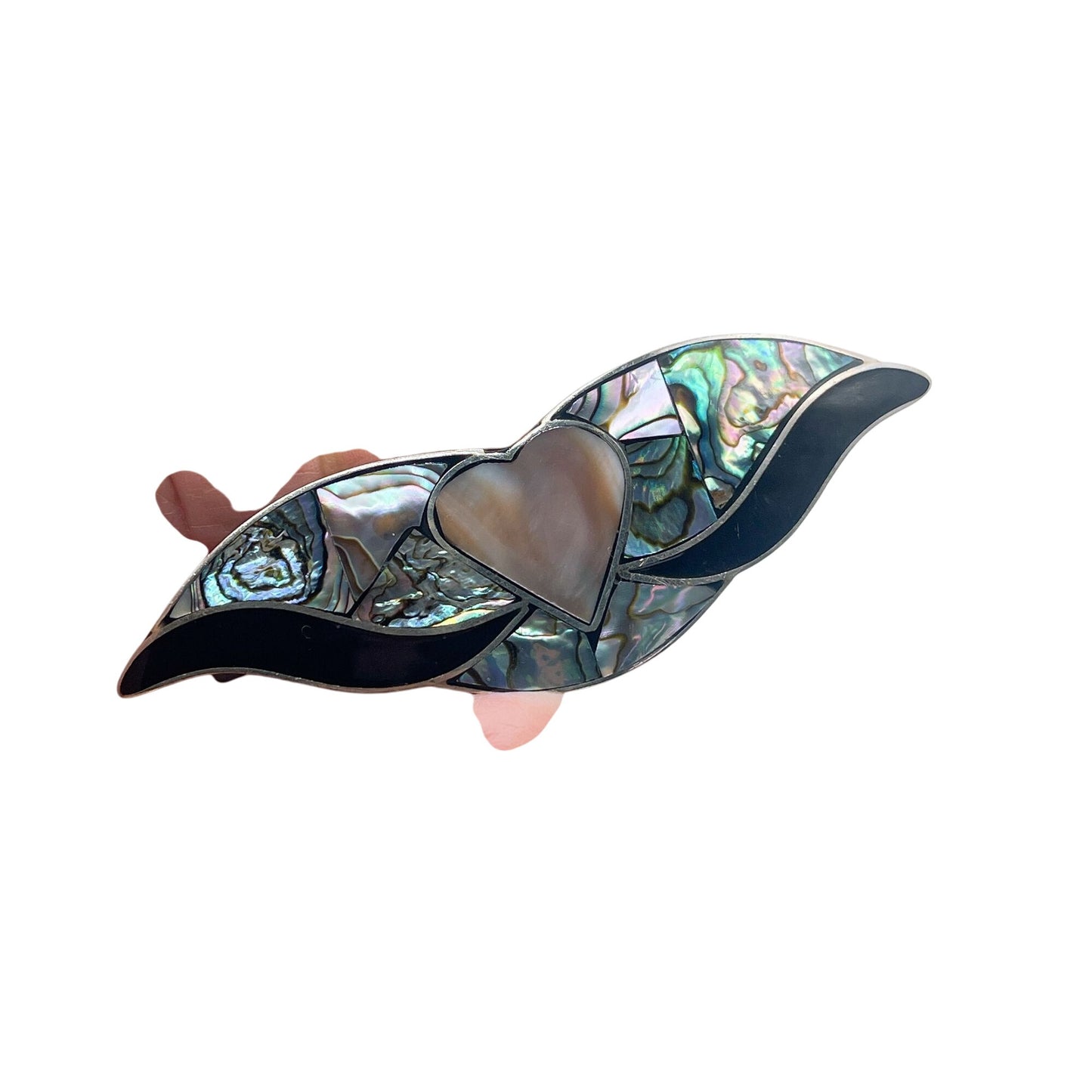 Vintage Abalone & Mother Of Pearl Heart Hair Barrette Clip Stealing Silver .925