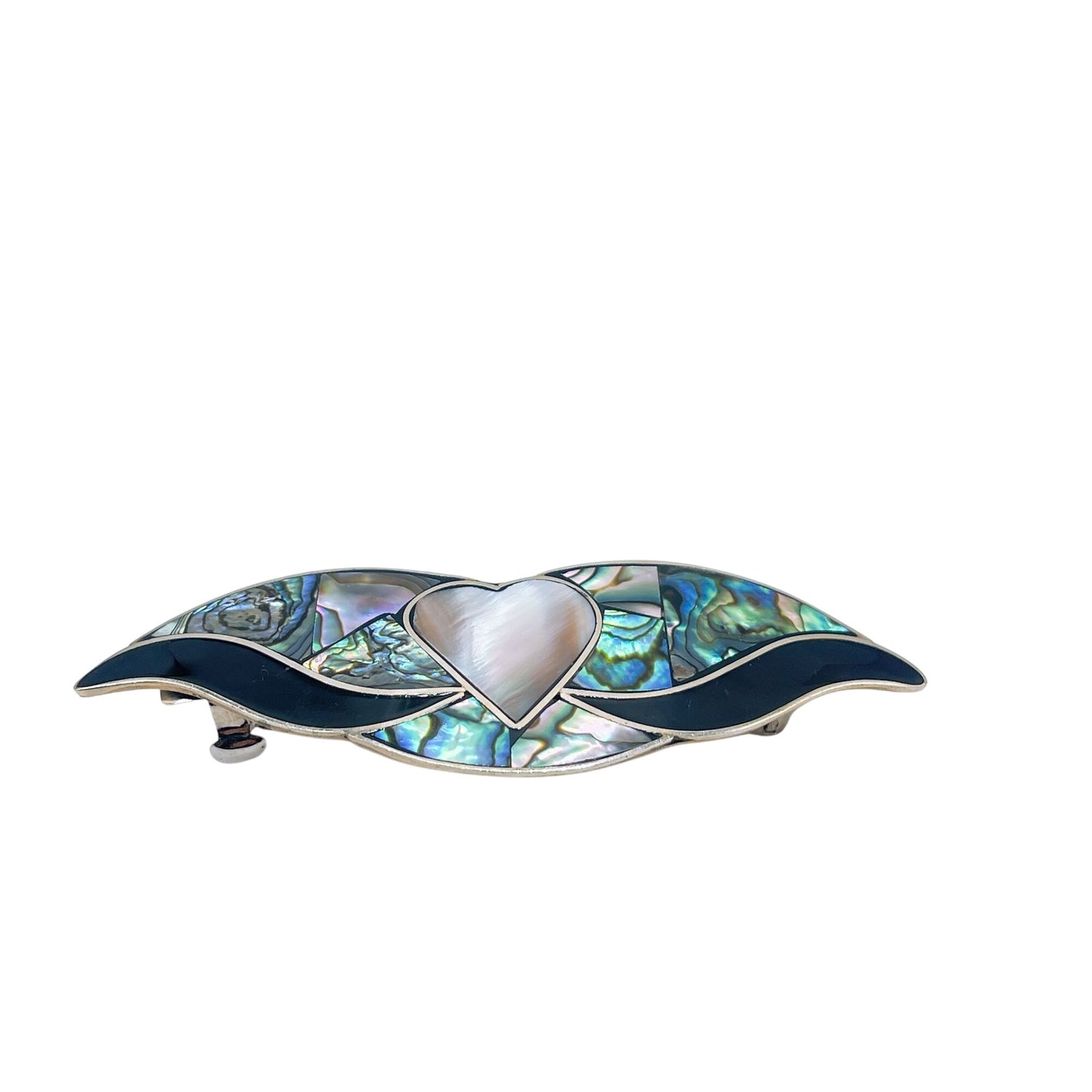 Vintage Abalone & Mother Of Pearl Heart Hair Barrette Clip Stealing Silver .925