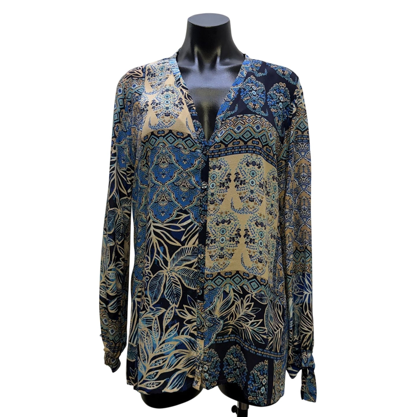 Johnny Was Blue & Cream Floral Patchwork Blouse Long Sleeve M