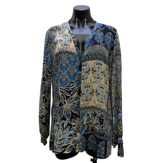Johnny Was Blue & Cream Floral Patchwork Blouse Long Sleeve M