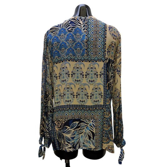 Johnny Was Blue & Cream Floral Patchwork Blouse Long Sleeve M