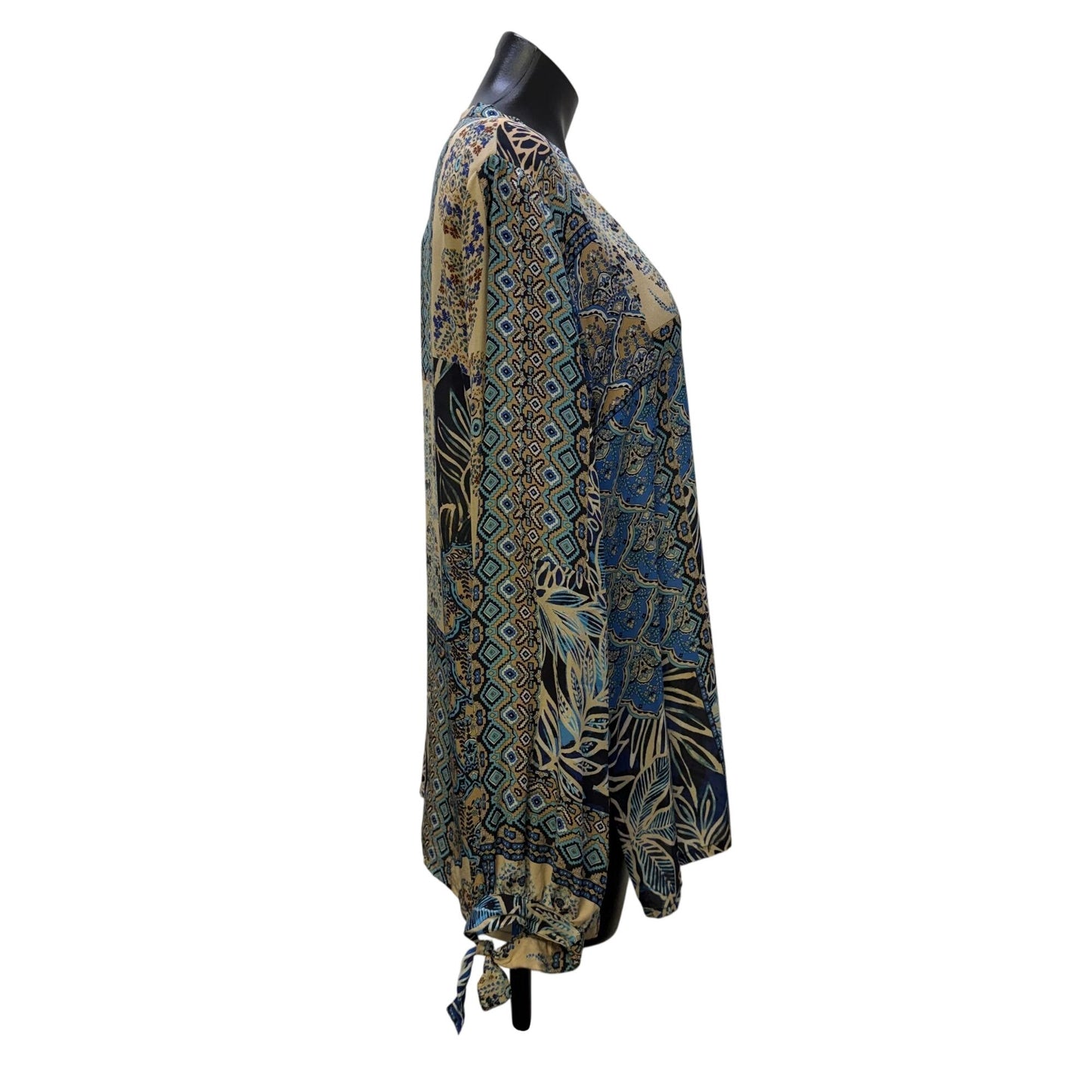 Johnny Was Blue & Cream Floral Patchwork Blouse Long Sleeve M