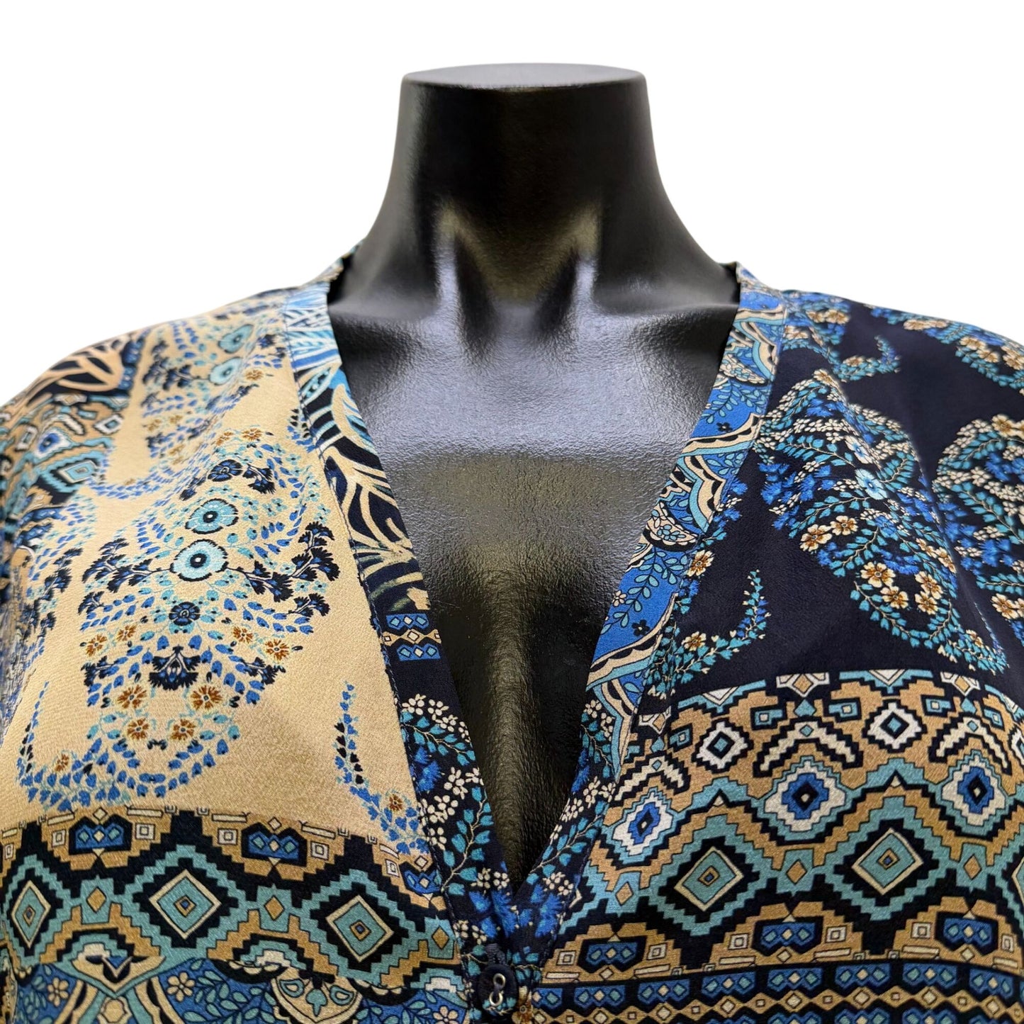 Johnny Was Blue & Cream Floral Patchwork Blouse Long Sleeve M