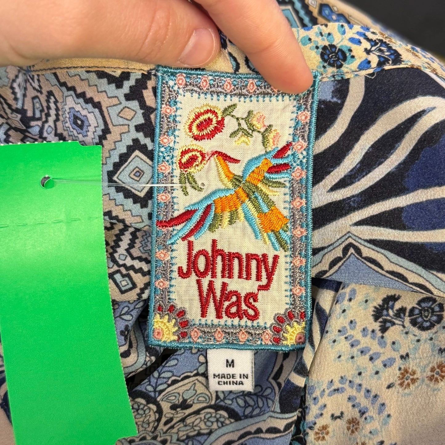 Johnny Was Blue & Cream Floral Patchwork Blouse Long Sleeve M