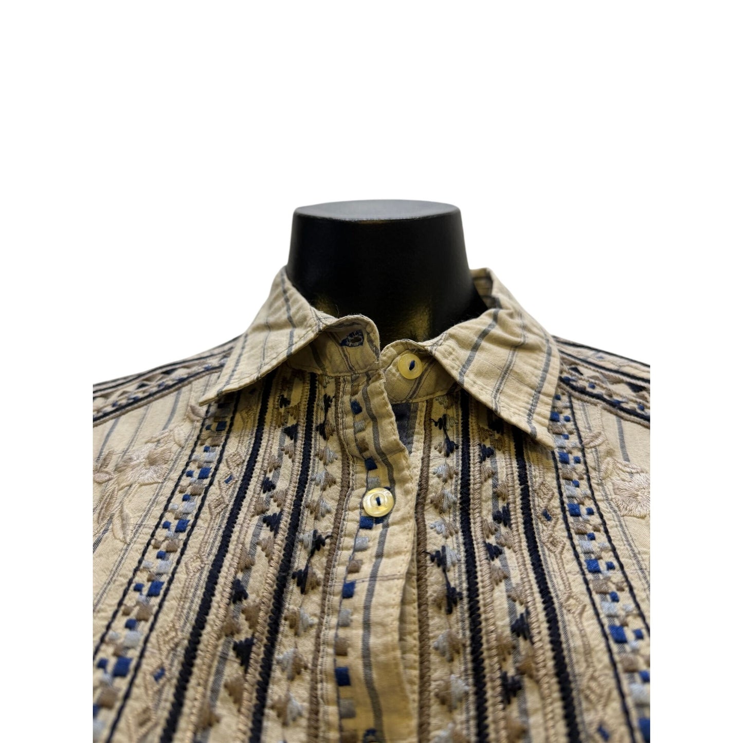 Johnny Was 3J Workshop Embroidered Button-Down Blouse Tan L