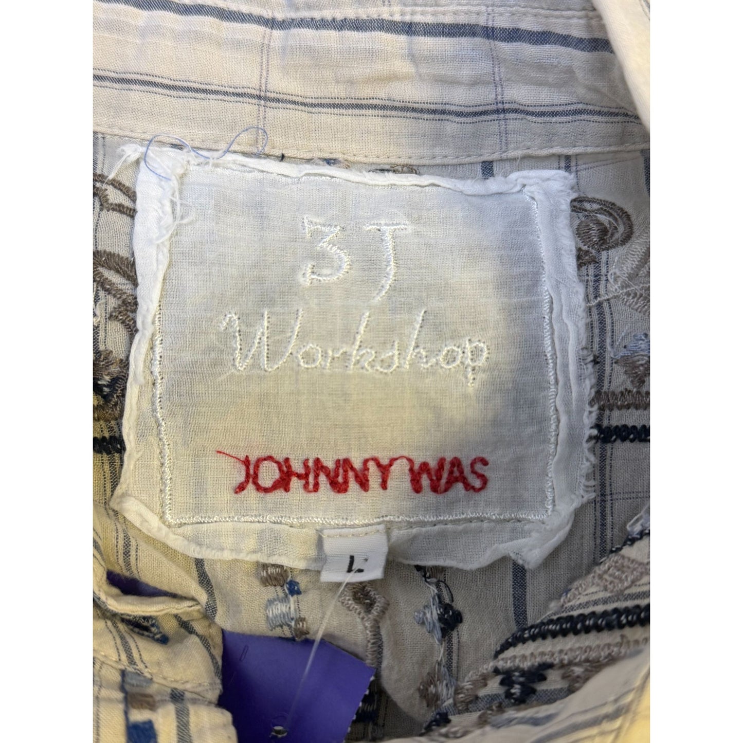 Johnny Was 3J Workshop Embroidered Button-Down Blouse Tan L