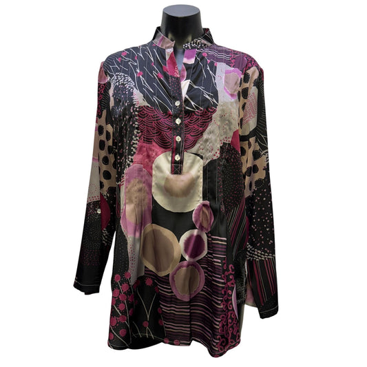 Silks By Fridaze Black Multi Abstract Print Long Sleeve Blouse L