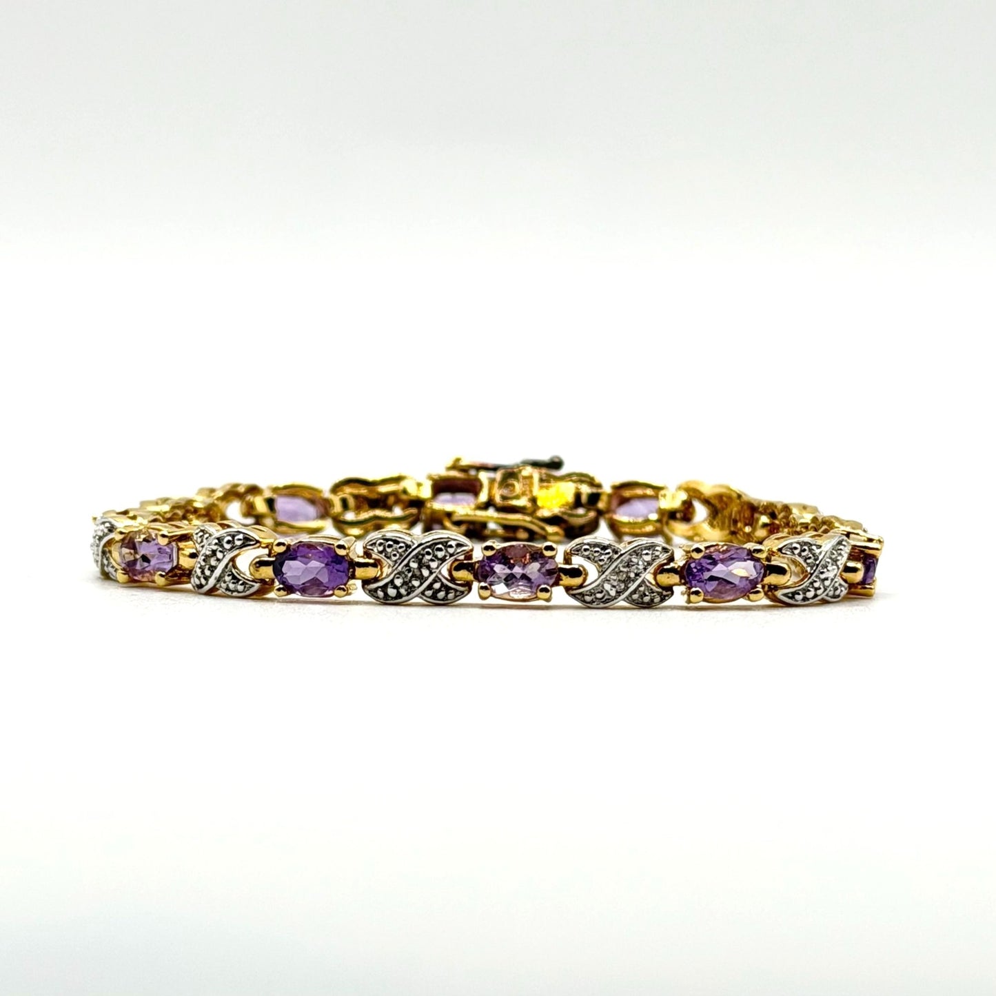 925 Sterling Silver Vermeil Amethyst & Diamond Tennis Bracelet Designer Jewelry 7.5 Inch