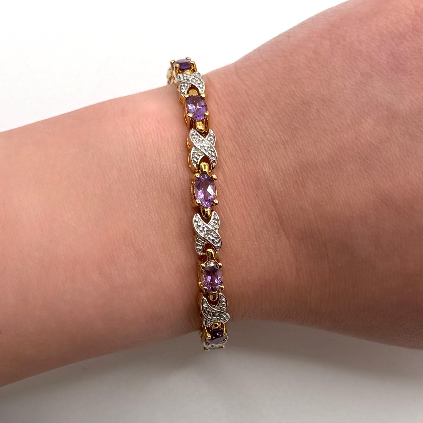925 Sterling Silver Vermeil Amethyst & Diamond Tennis Bracelet Designer Jewelry 7.5 Inch