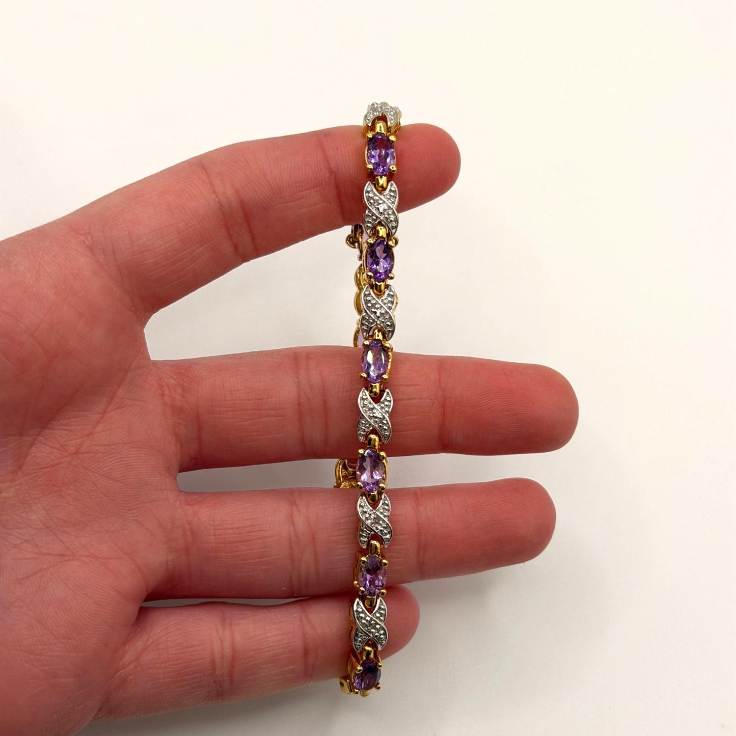 925 Sterling Silver Vermeil Amethyst & Diamond Tennis Bracelet Designer Jewelry 7.5 Inch