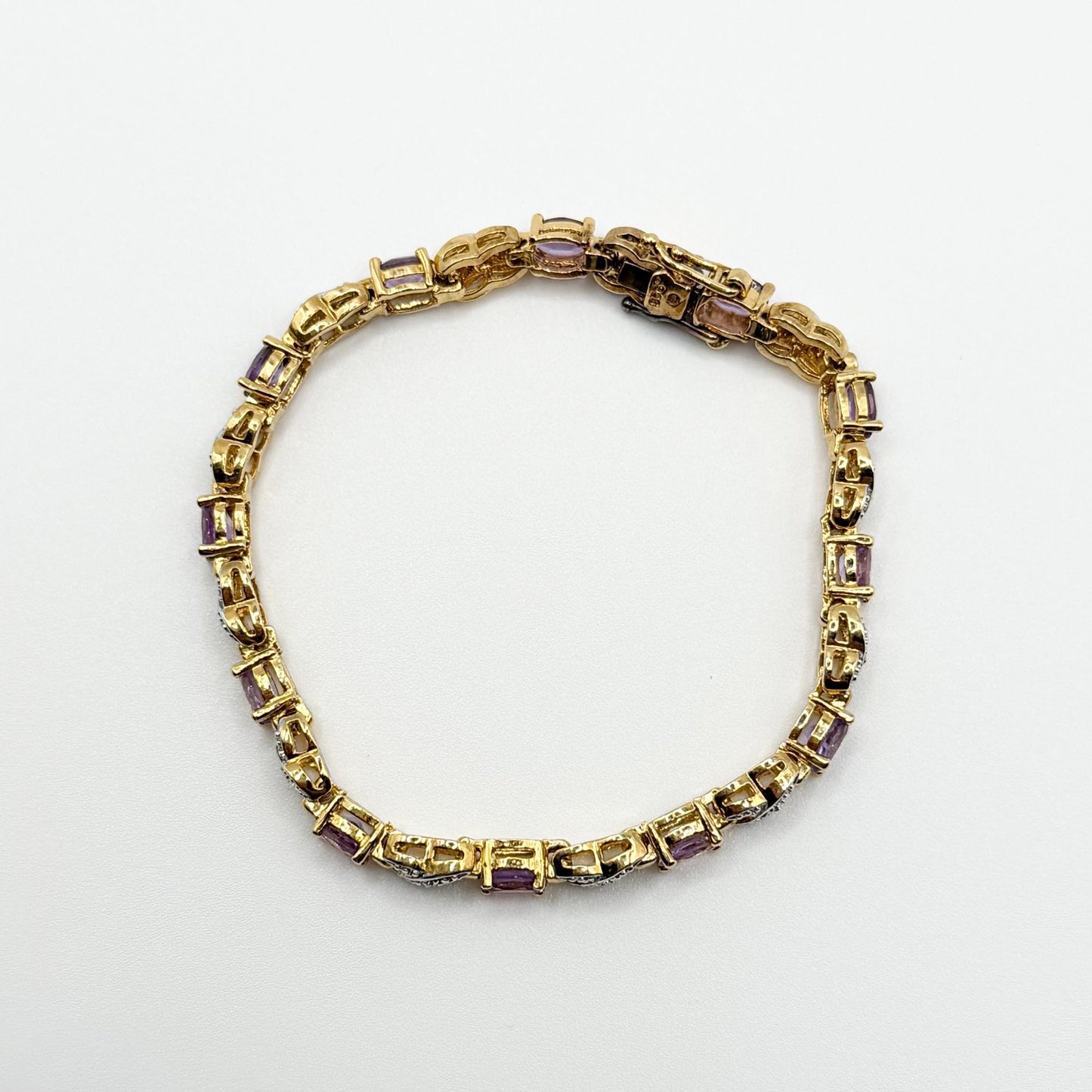925 Sterling Silver Vermeil Amethyst & Diamond Tennis Bracelet Designer Jewelry 7.5 Inch