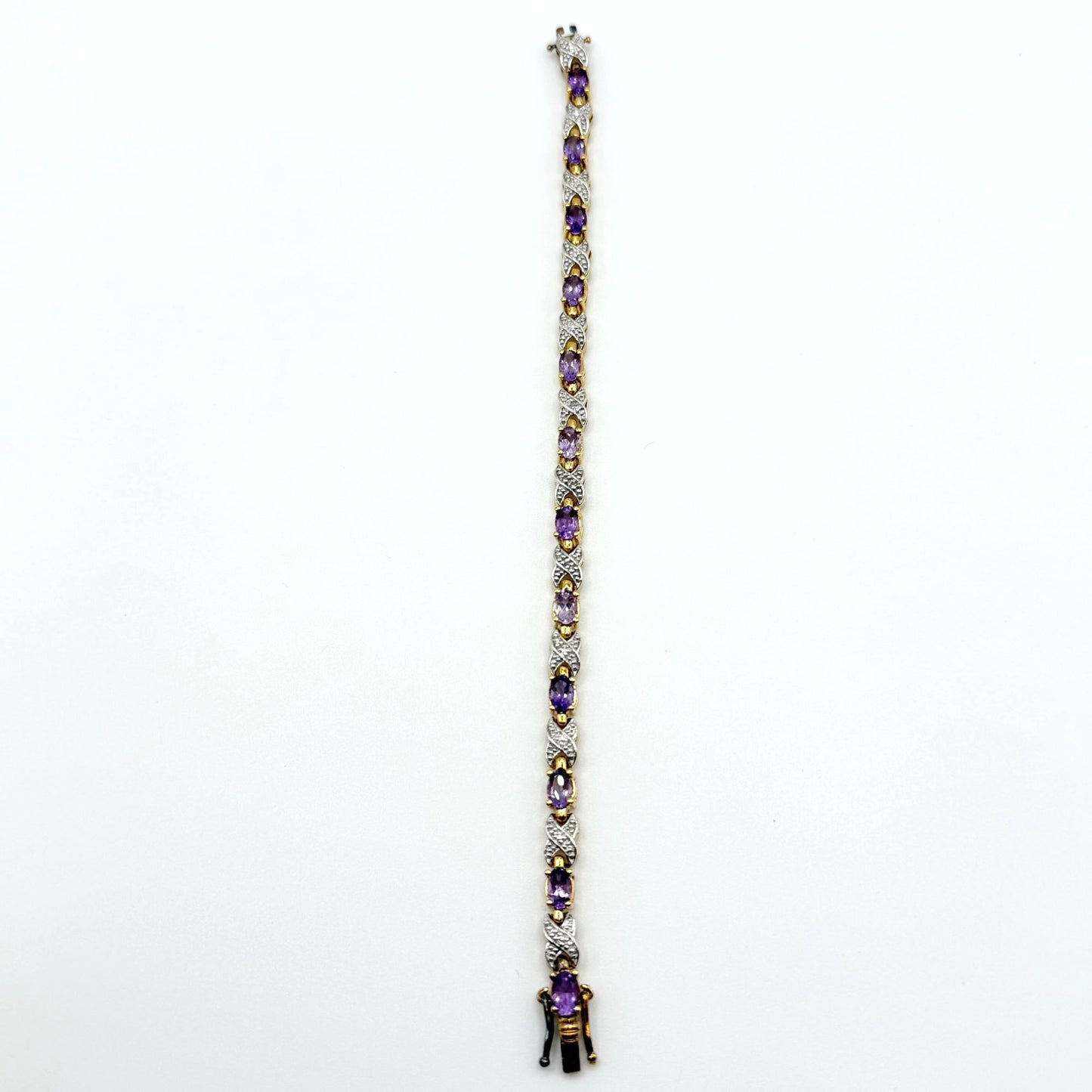 925 Sterling Silver Vermeil Amethyst & Diamond Tennis Bracelet Designer Jewelry 7.5 Inch