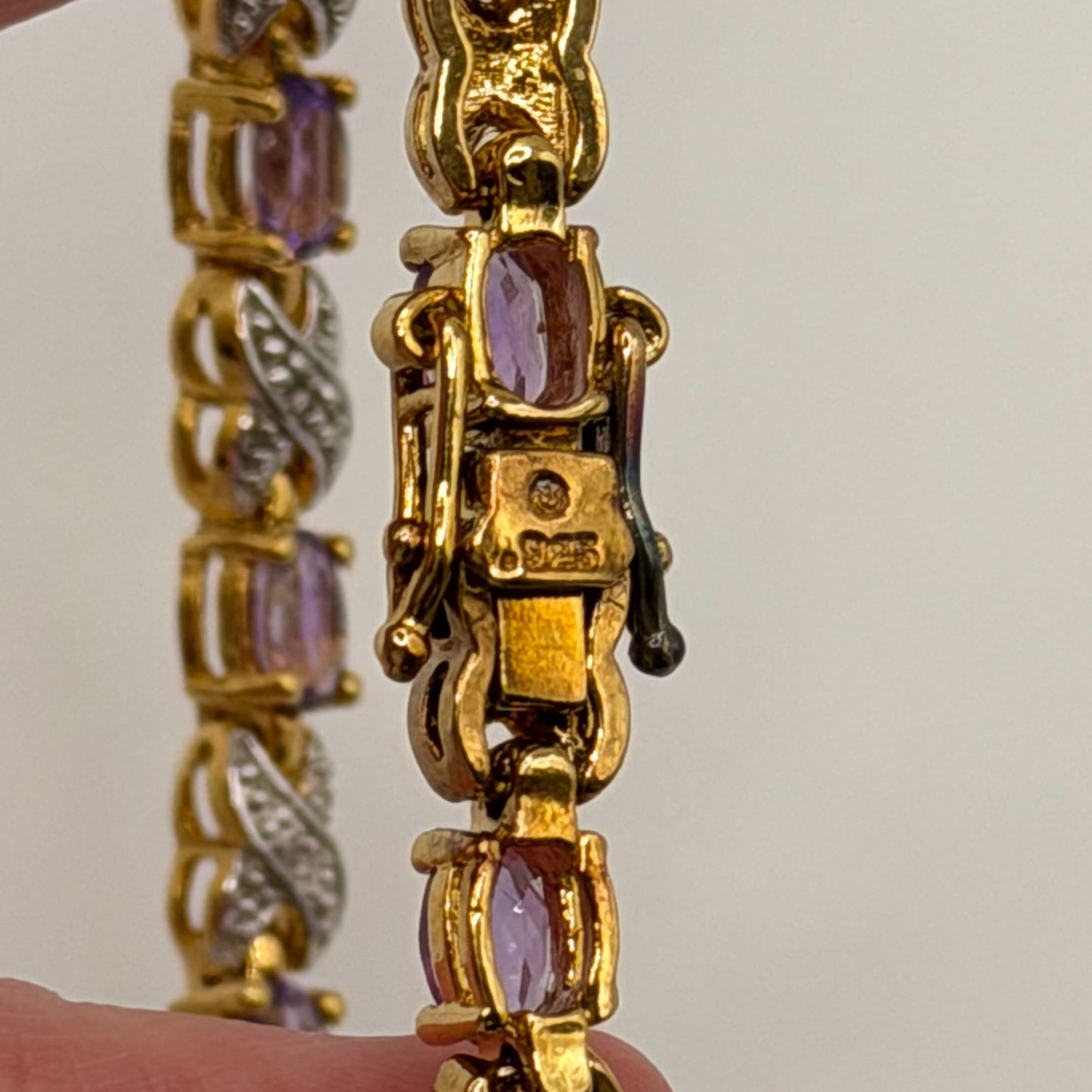 925 Sterling Silver Vermeil Amethyst & Diamond Tennis Bracelet Designer Jewelry 7.5 Inch