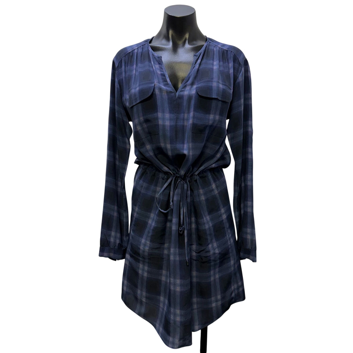 Rebecca Taylor Silk Blend Plaid Long Sleeve Tie Waist Dress Navy Purple 2