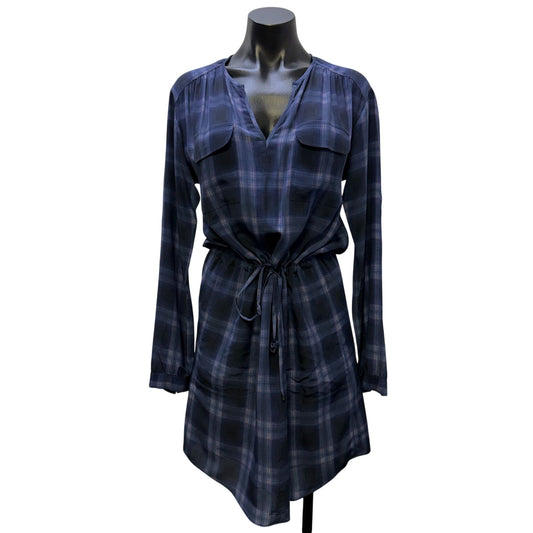 Rebecca Taylor Silk Blend Plaid Long Sleeve Tie Waist Dress Navy Purple 2