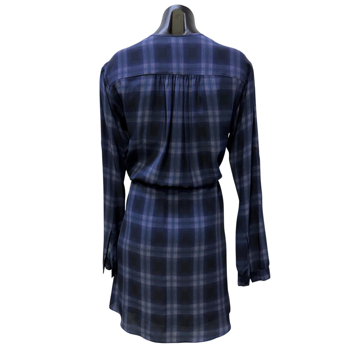 Rebecca Taylor Silk Blend Plaid Long Sleeve Tie Waist Dress Navy Purple 2