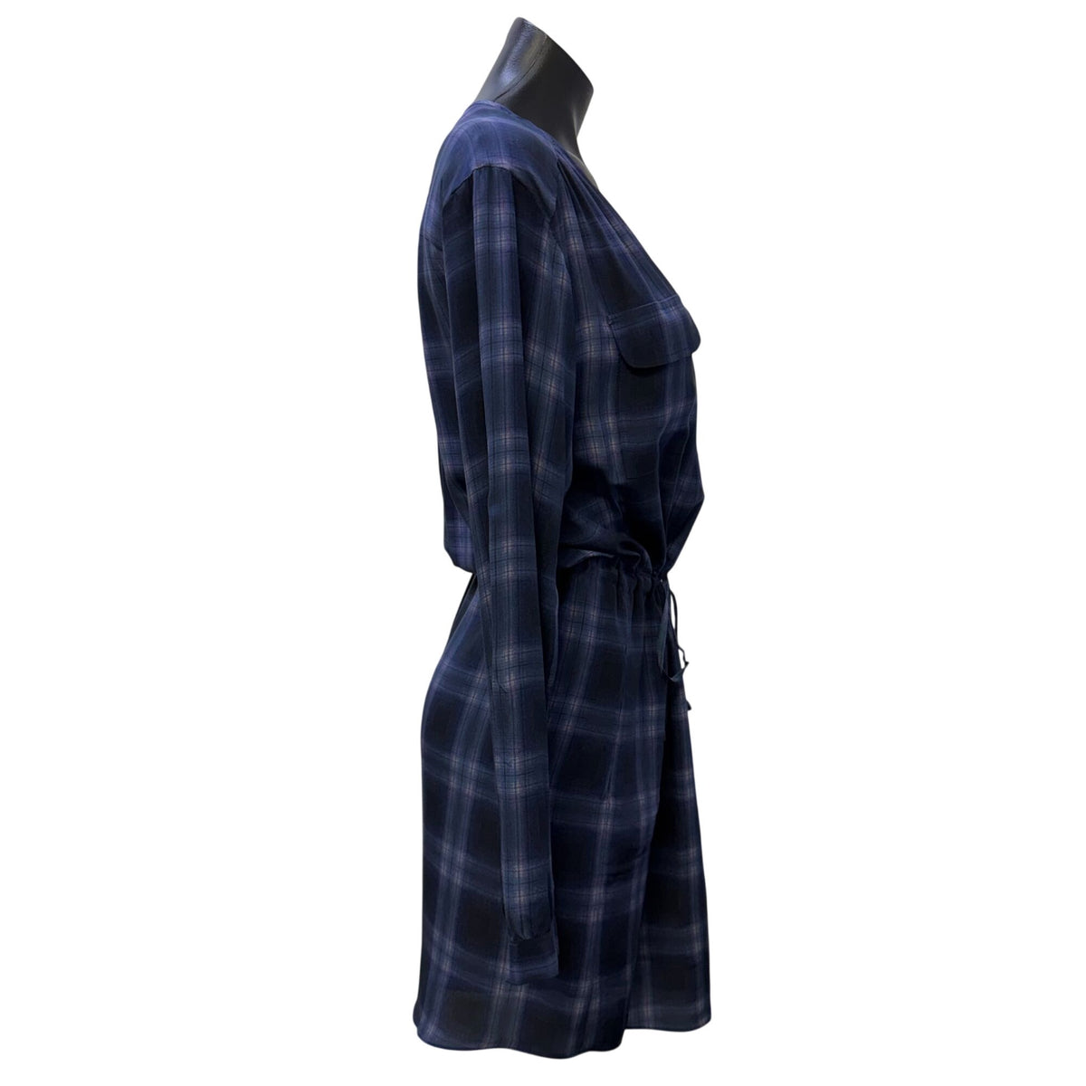 Rebecca Taylor Silk Blend Plaid Long Sleeve Tie Waist Dress Navy Purple 2