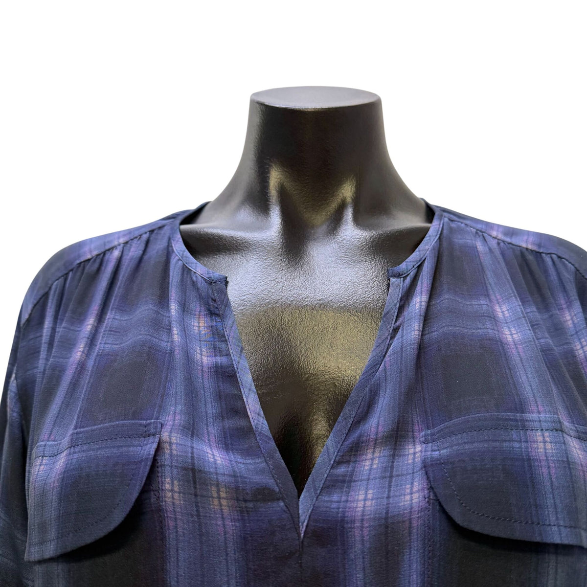 Rebecca Taylor Silk Blend Plaid Long Sleeve Tie Waist Dress Navy Purple 2