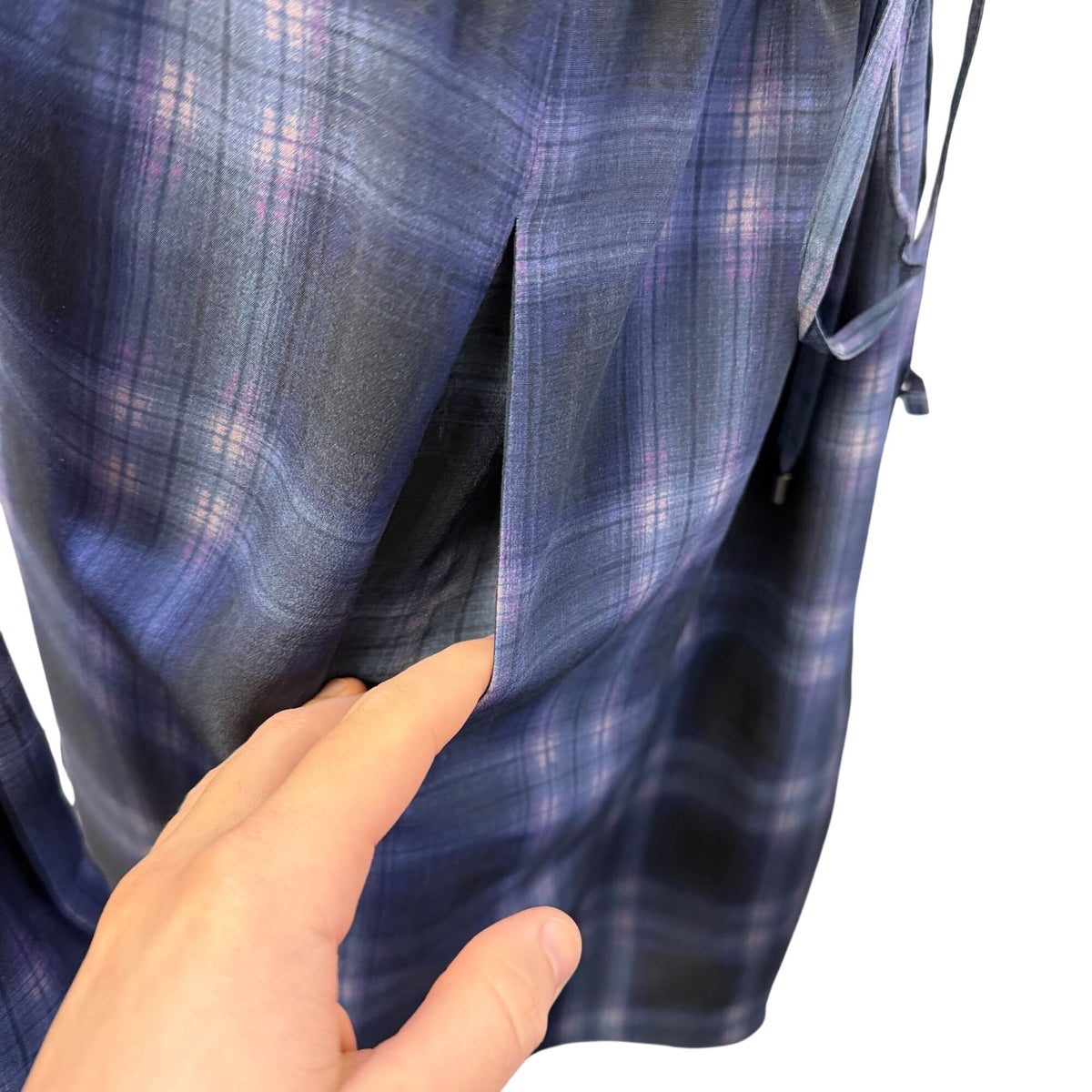 Rebecca Taylor Silk Blend Plaid Long Sleeve Tie Waist Dress Navy Purple 2