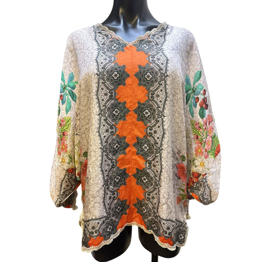 Johnny Was Boho Chic Floral Print Tunic Top w/Lace Details & Adjustable Sleeves Size S