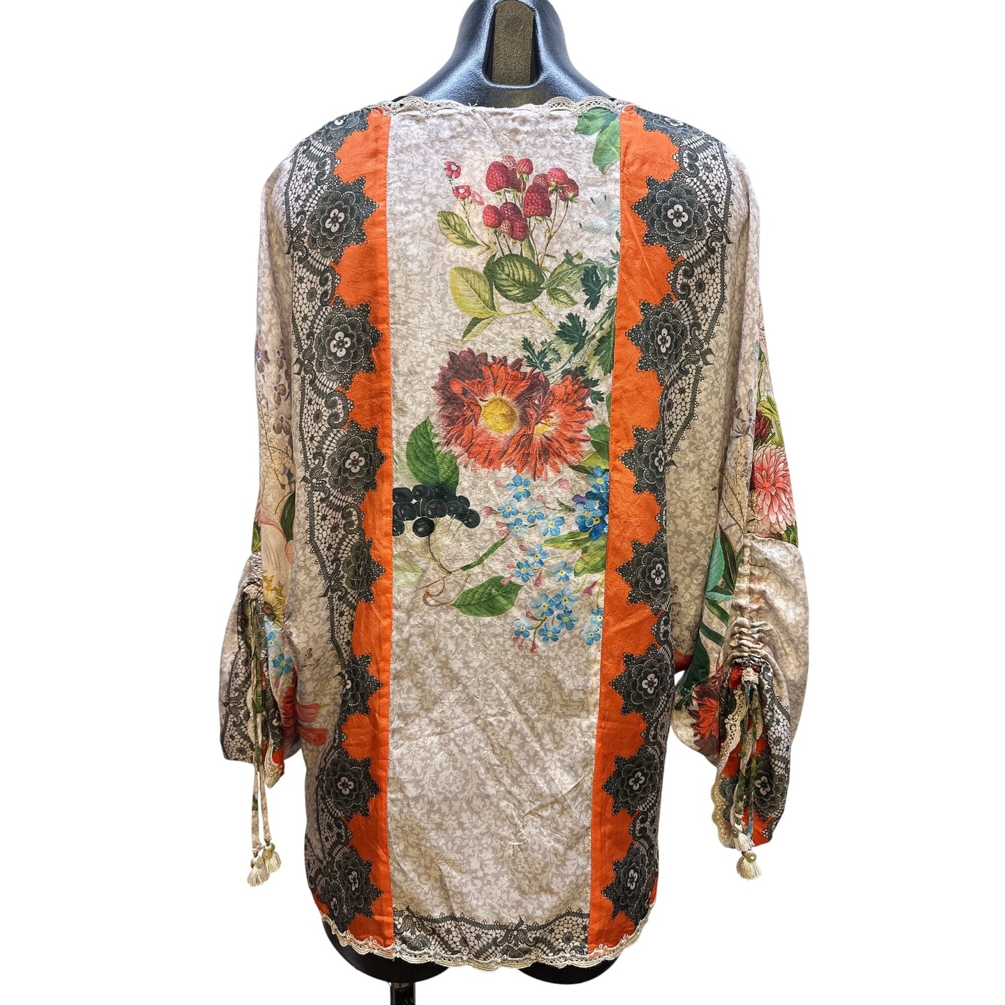 Johnny Was Boho Chic Floral Print Tunic Top w/Lace Details & Adjustable Sleeves Size S