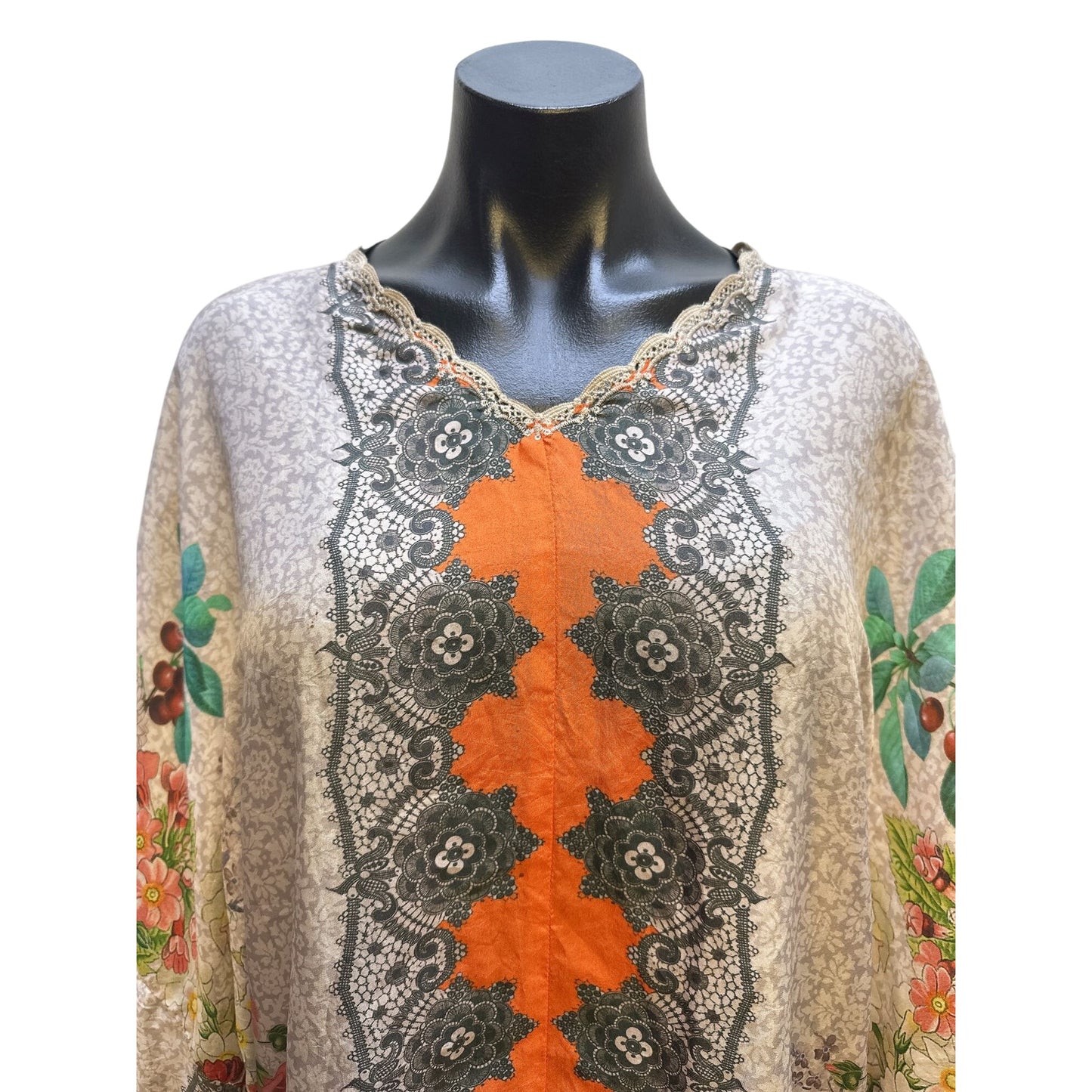 Johnny Was Boho Chic Floral Print Tunic Top w/Lace Details & Adjustable Sleeves Size S