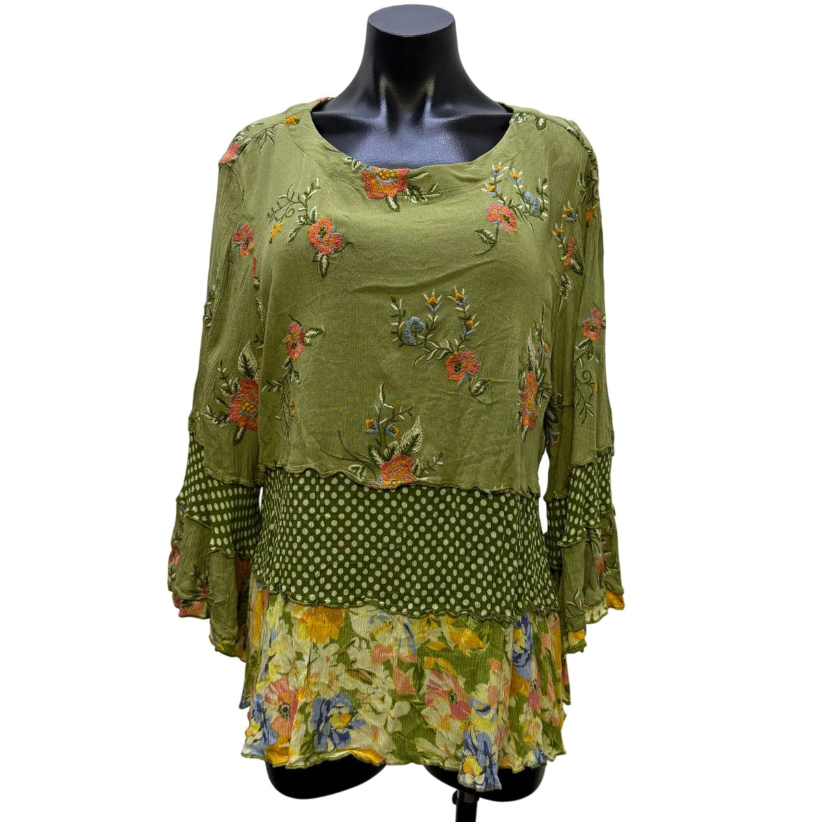 John Mark Green Patchwork Floral Boho Blouse 1X