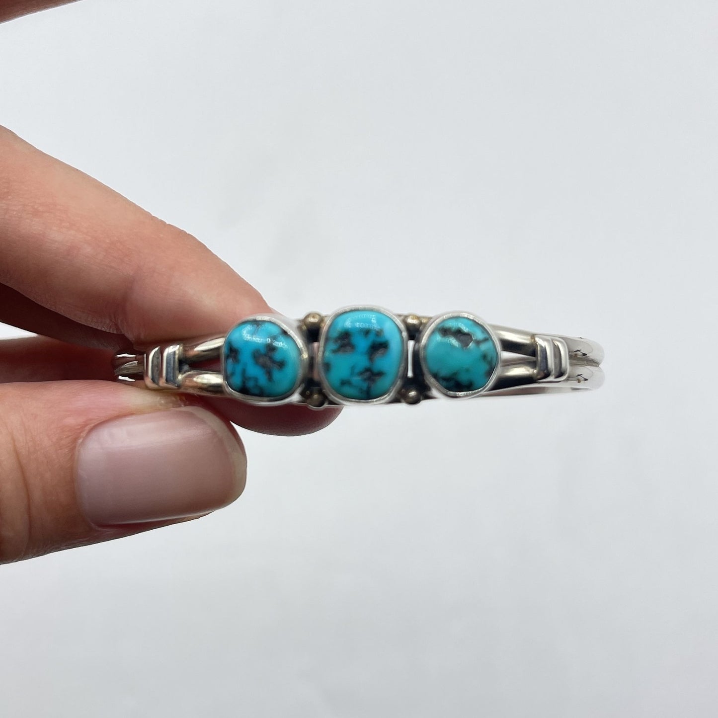 Navajo Tribal 3 Turquoise Stones Sterling Silver Cuff Bracelet Medium