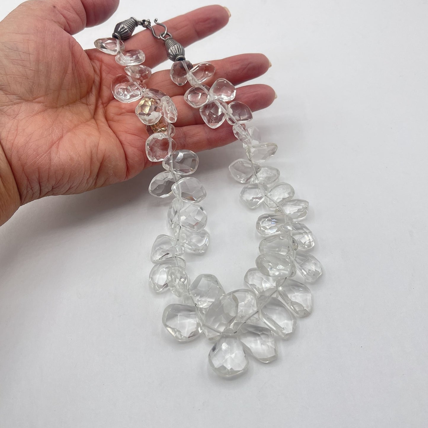 Vintage Faceted Clear Crystal Quartez Bead Necklace With Silver-Tone Clasp