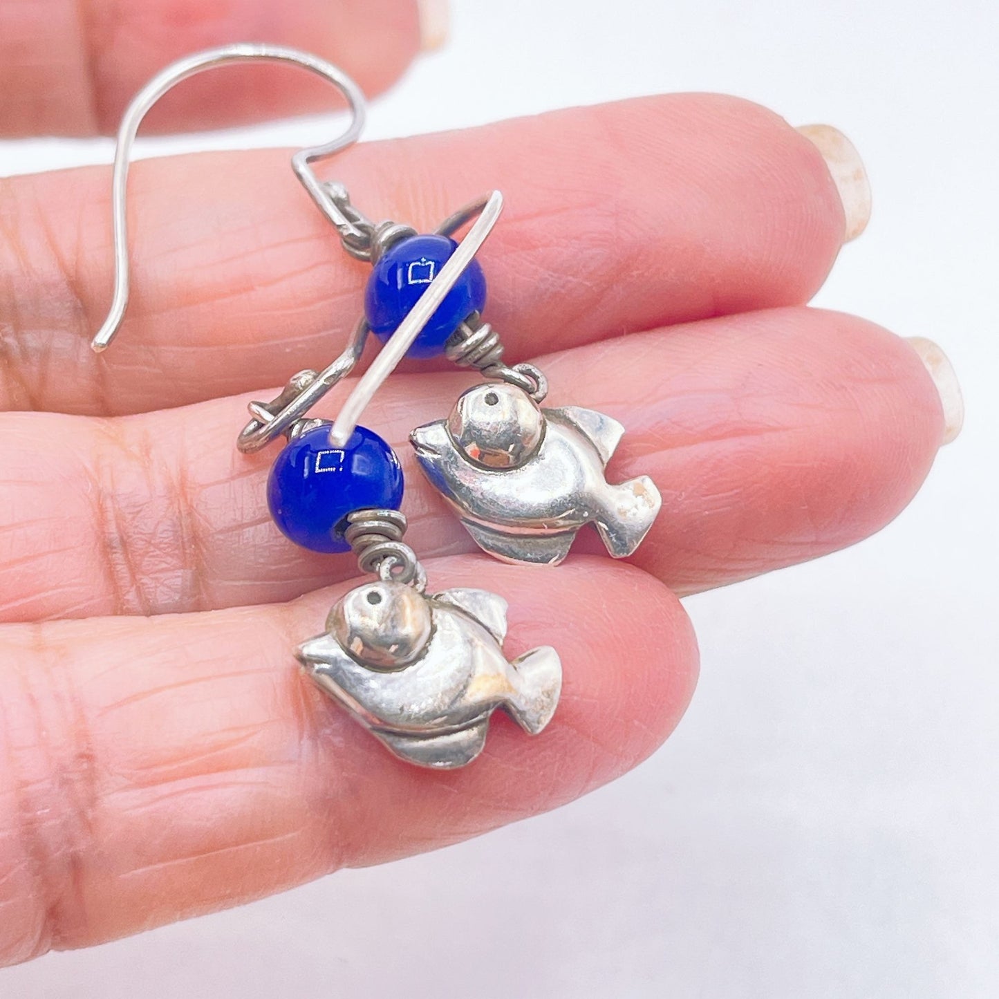 Vintage 925 Sterling Silver & Blue Bead Fish Earrings