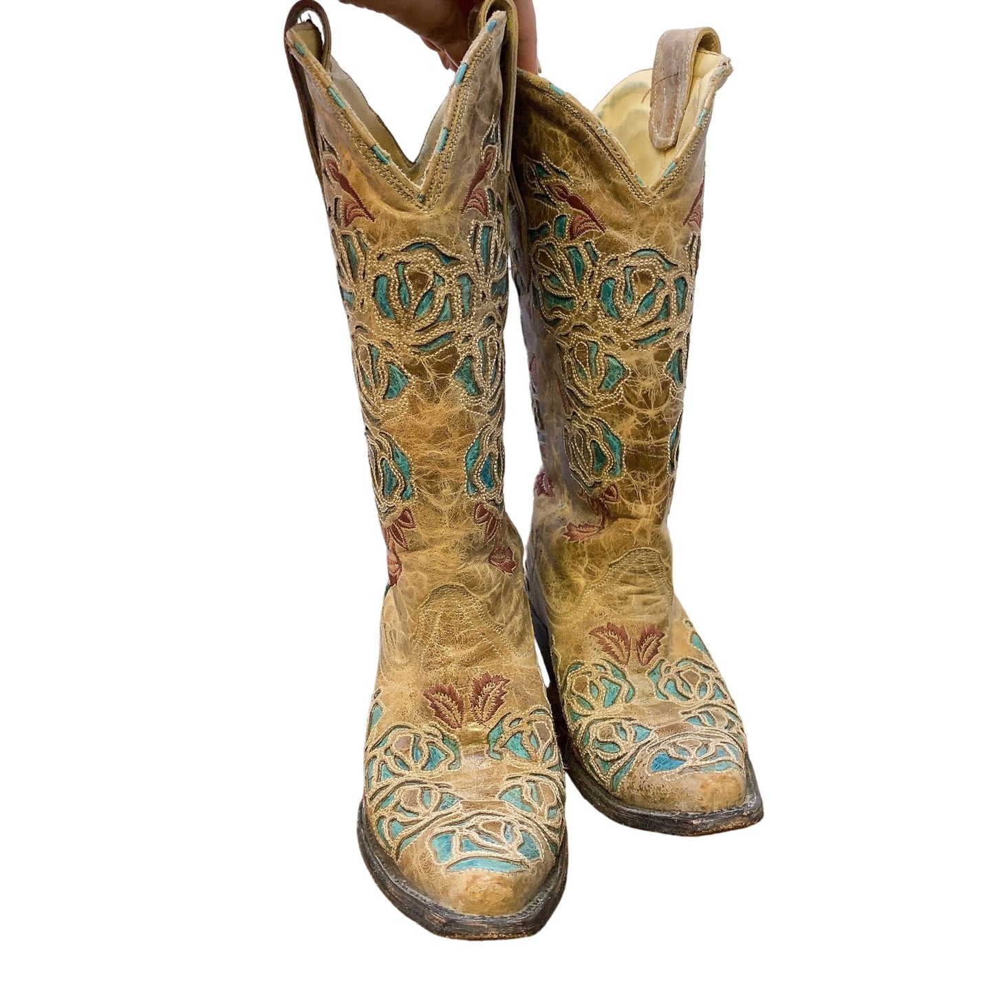 Corral Floral Embroidered Western Cowboy Boots Brown Leather Size 6