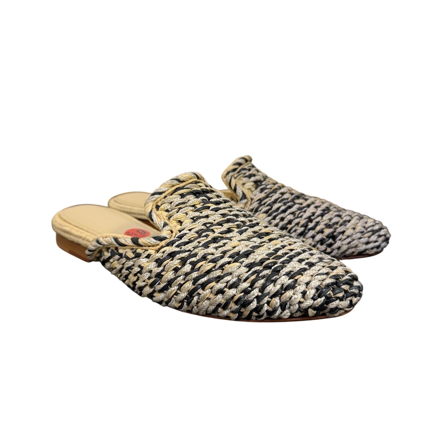 Zyne Cream & Black Woven Raffia Pointed Toe Sliders Size 6.5