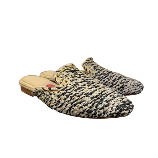 Zyne Cream & Black Woven Raffia Pointed Toe Sliders Size 6.5