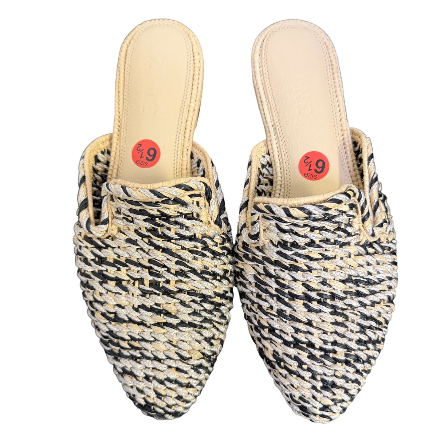 Zyne Cream & Black Woven Raffia Pointed Toe Sliders Size 6.5