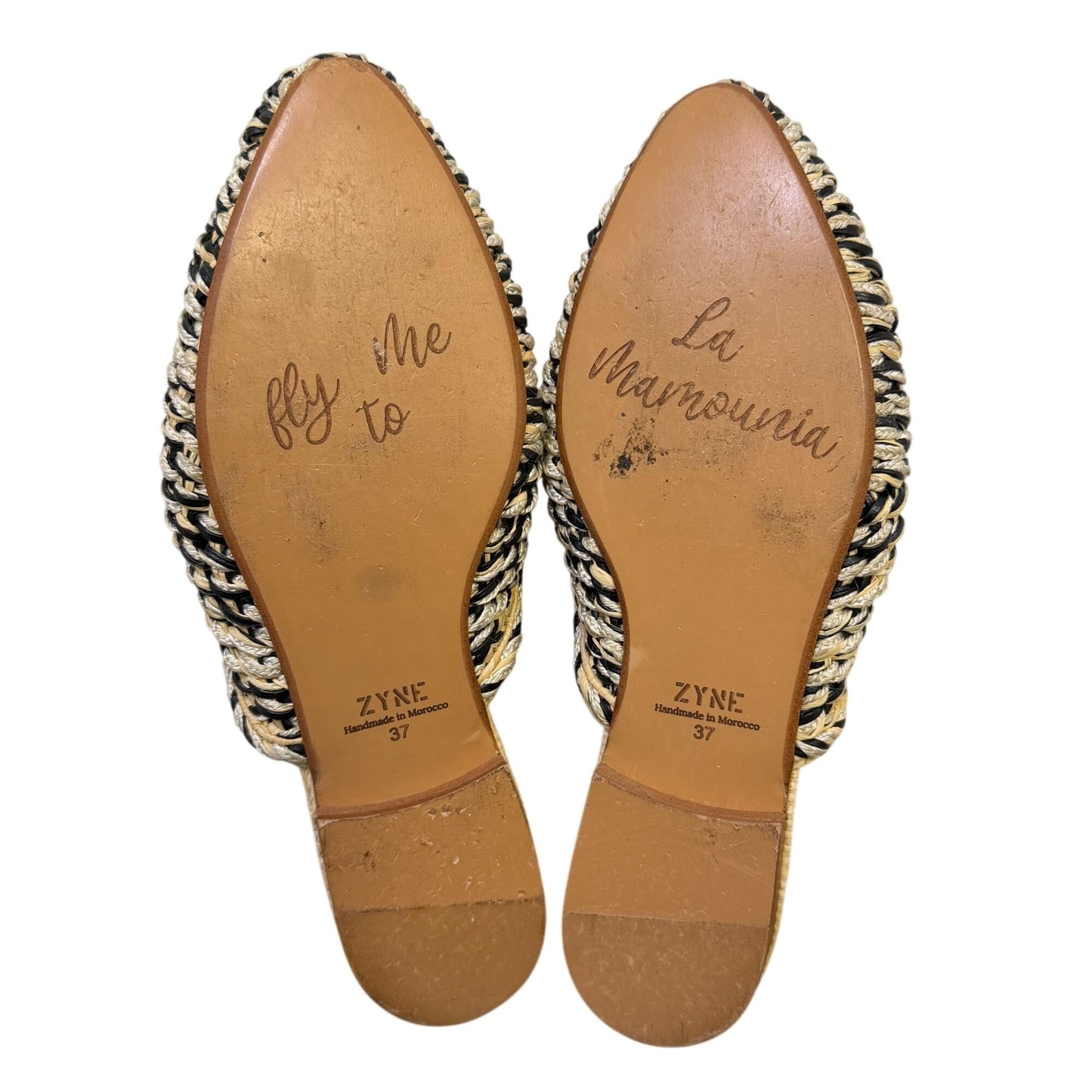 Zyne Cream & Black Woven Raffia Pointed Toe Sliders Size 6.5